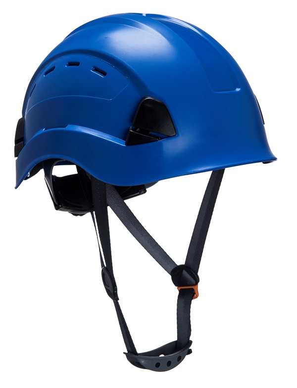 CASQUE VENTILE BLEU MONTEUR / ECHAFAUDEUR / COUVREUR / ELECTROMECANIEN, JUGULAIRE 4 POINTS, REGLAGE CREMAILLIERE.
