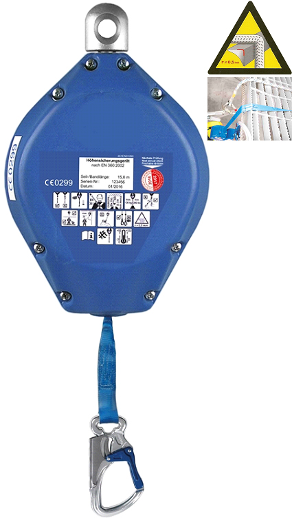 ANTICHUTE A RAPPEL AUTOMATIQUE DE SANGLE, LONGUEUR 15 M, « UTILISABLE EN FACTEUR 2 + ARÊTE VIVE » AVEC TEMOIN DE CHUTE. HARNAISPRO.
