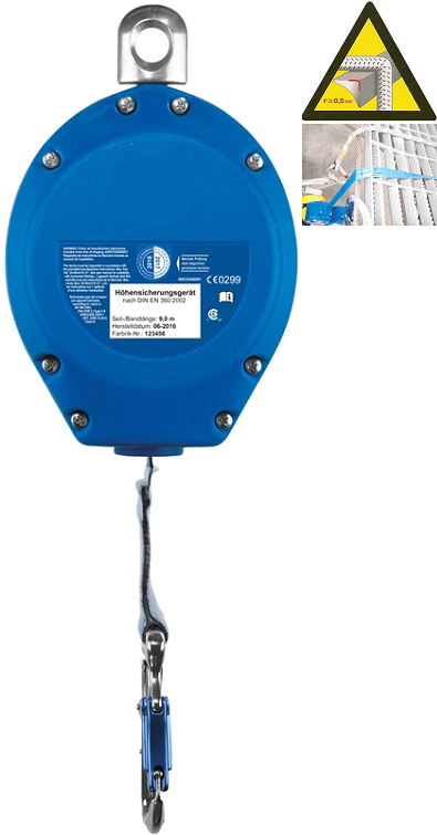 ANTICHUTE A RAPPEL AUTOMATIQUE DE SANGLE, LONGUEUR 9 M, « UTILISABLE EN FACTEUR 2 + ARÊTE VIVE » AVEC TEMOIN DE CHUTE. HARNAISPRO.