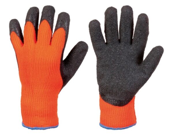 GANT FROID -20°C, MECANIQUE, TRICOTE UNE PIECE FLUO ORANGE, ENDUCTION PAUME LATEX CREPE NOIRE, POIGNET ELASTIQUE, T8 A 11