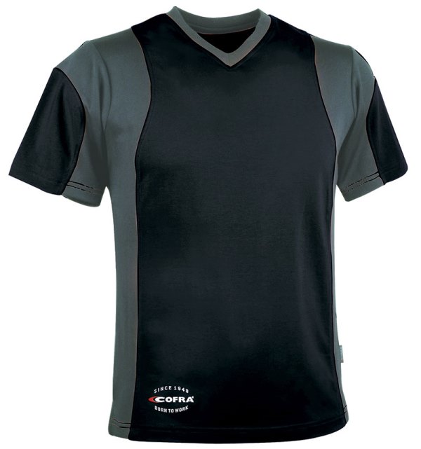 TEE-SHIRT MANCHES COURTES COOLDRY COL EN V WORKWEAR. 92% COTON / 8% ÉLASTHANNE / INSERTS 100% COOLDRY®, 180 G/M². TS À 4XL - NOIR/GRIS FONCE
