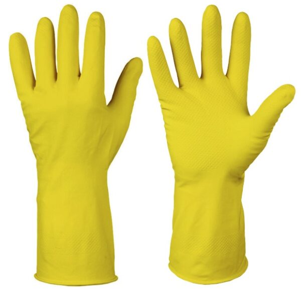 GANT PROPRETE LATEX JAUNE FLOQUE COTON, PAUME GAUFREE, LONG 30 CM, TU (10)