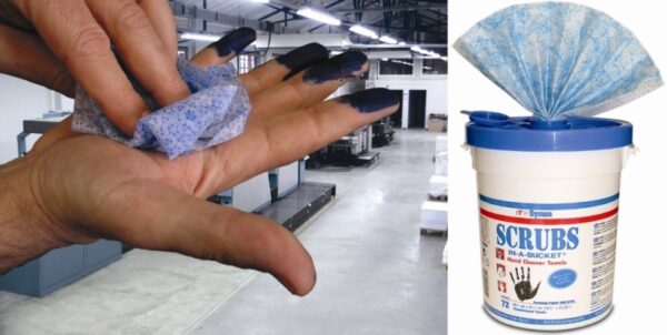 LINGETTES PROFESSIONNELLES NETTOYANTES MAINS SCRUBS. SEAU DISTRIBUTEUR DE 72 LINGETTES, FORMAT 26,7 X 31,1 CM.