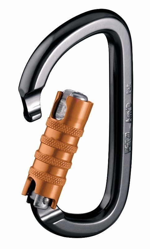 MOUSQUETON ALUMINIUM ANODISÉ GRIS, FORME D. MOUSQUETON AM’D TRIACT-LOCK PETZL.