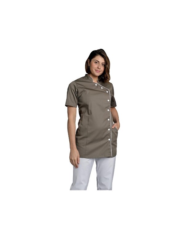 TUNIQUE ODILE. PRESSIONS MANCHES COURTES. UNI POLYESTER / COTON. T0 (36/38) à 6 (60/62) - TAUPE