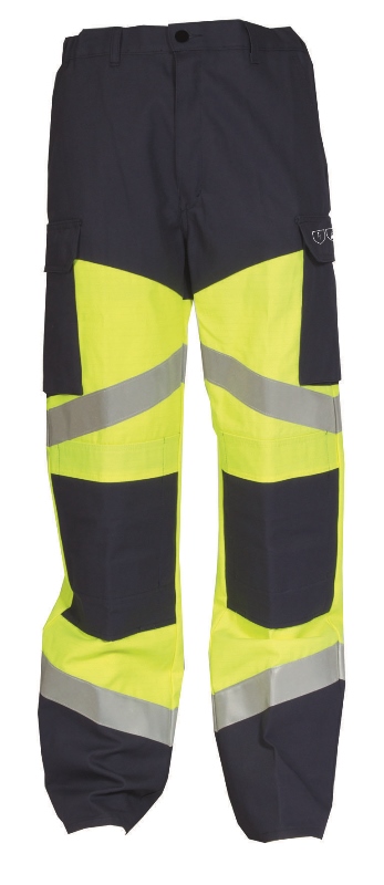 PANTALON DE TRAVAIL MULTIRISQUES HAUTE VISIBILITE ATEX POCHES GENOUX 350. TAILLE 36/38 A 60/62 - JAUNE/MARINE