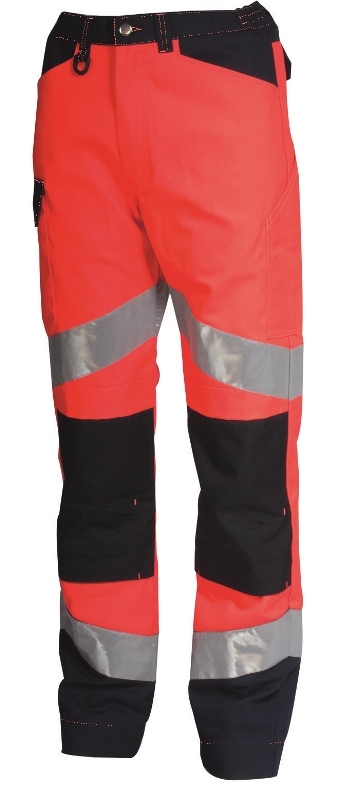 PANTALON DE TRAVAIL HOMME HAUTE VISIBILITE POCHE GENOUX TECH-LINE. COTON / POLYESTER. EN ISO 13688, EN ISO 20471 CL2, EN 14404. T36/38 À 60/62 - ROUGE/MARINE