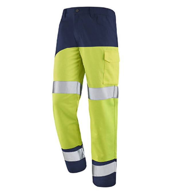 PANTALON DE TRAVAIL HAUTE VISIBILITE V-LINE. COTON / POLYESTER. EN ISO 13688, EN ISO 20471 CL2. T36/38 À 60/62 - JAUNE/MARINE