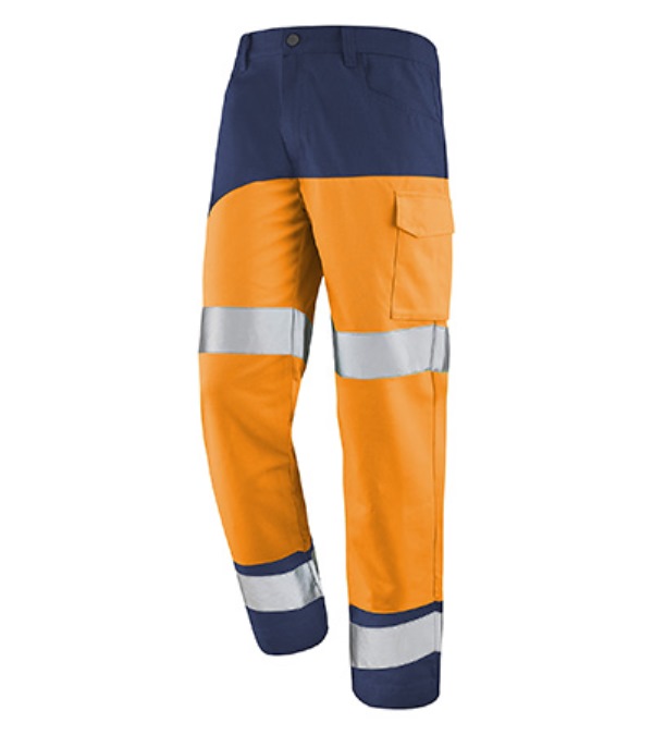 PANTALON DE TRAVAIL HAUTE VISIBILITE V-LINE. COTON / POLYESTER. EN ISO 13688, EN ISO 20471 CL2. T36/38 À 60/62 - ORANGE/MARINE