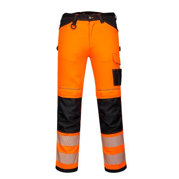 PANTALON DE TRAVAIL ÉTÉ HAUTE VISIBILITE FLEXIVISION BICOLORE POCHES GENOUX. POLYESTER / COTON, 300 G/M². EN ISO 20471 CL2. T36 À 60 - ORANGE/NOIR