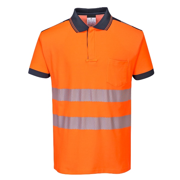POLO HAUTE VISIBILITE FLEXIVISION COTON CONFORT BICOLORE MANCHES COURTES. COTON / POLYESTER, 175 G/M². EN ISO 20471 CL2. TS À 3XL - ORANGE/MARINE