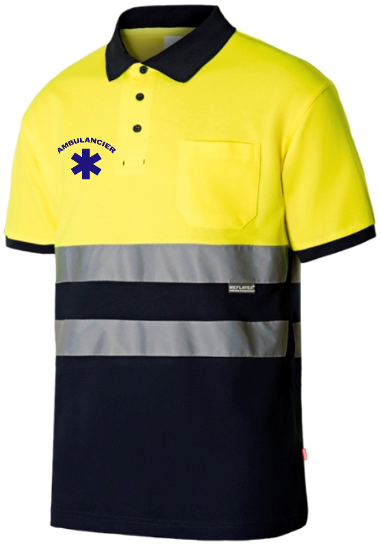 POLO UNISEXE HAUTE VISIBILITE BICOLORE MANCHES COURTES AMBULANCIER. 55% COTON / 45% POLYESTER, 150 G/M². EN ISO 471 CL1. TS À 3XL - JAUNE FLUO/MARINE