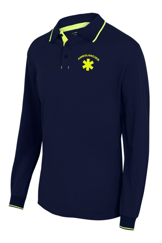 POLO UNISEXE COMBI-FLUO MANCHES LONGUES AMBULANCIER. 60% COTON / 40% POLYESTER, 180 G/M². TXS A 3XL - MARINE/JAUNE FLUO