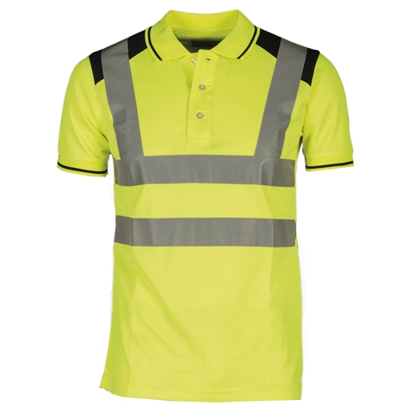 POLO HOMME HAUTE VISIBILITE FLASHVISION MANCHES COURTES. 100% POLYESTER DRYTECH, 150 G/M². EN ISO 13688, EN ISO 471 CL2. TS À 5XL - JAUNE/MARINE