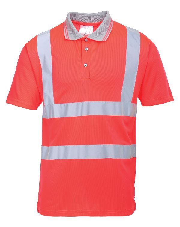 POLO HAUTE VISIBILITE MANCHES COURTES. 100% POLYESTER, 175 G/M². EN 13758-2, EN ISO 13688, EN ISO 471 CL2. TS À 3XL - ROUGE FLUO