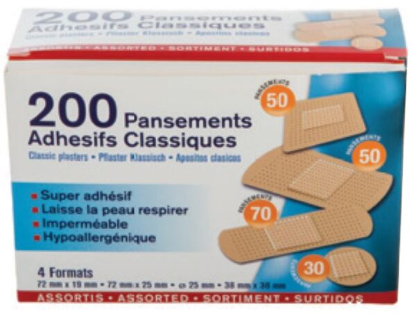 BOÎTE 200 PANSEMENTS ADHÉSIFS ASSORTIS (4 tailles)