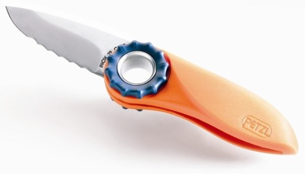 COUTEAU MULTI-USAGE MOUSQUETONNABLE, COULEUR ORANGE : 98 MM (FERMÉ). SPATHA PETZL. "JAEP"