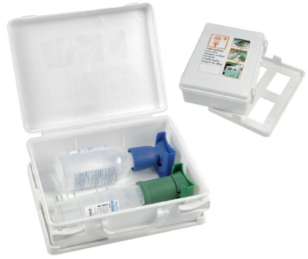 LAVEUR D'YEUX AUTONOME - TROUSSE / STATION MURALE - 2 FLACONS PLEIN (1 DE 250 ML PRDT CHIMIQUES + 1 DE 100 ML CPS ETRANGERS)