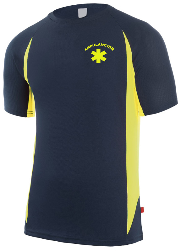 TEE-SHIRT UNISEXE COMBI-FLUO MANCHES COURTES AMBULANCIER. 100% POLYESTER, 160 G/M². TS À 3XL - MARINE/JAUNE FLUO