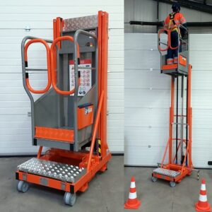 MICRO-NACELLE ELEVATRICE MOBILE COMPACTE ET ULTRA-LEGRE POUR LA MAINTENANCE COURANTE, HAUTEUR DE TRAVAIL 5 M, EQUIPEE AVEC PASSE-FOURCHES, CARTER DE SECURITE, PORTE-OUTILS.